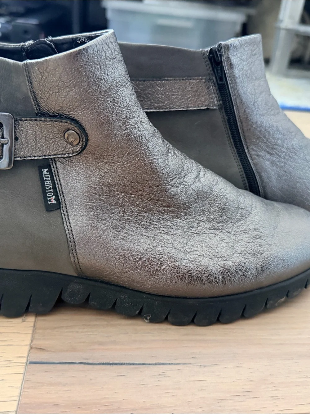 Mephisto Metallic Gray Leather Ankle Booties